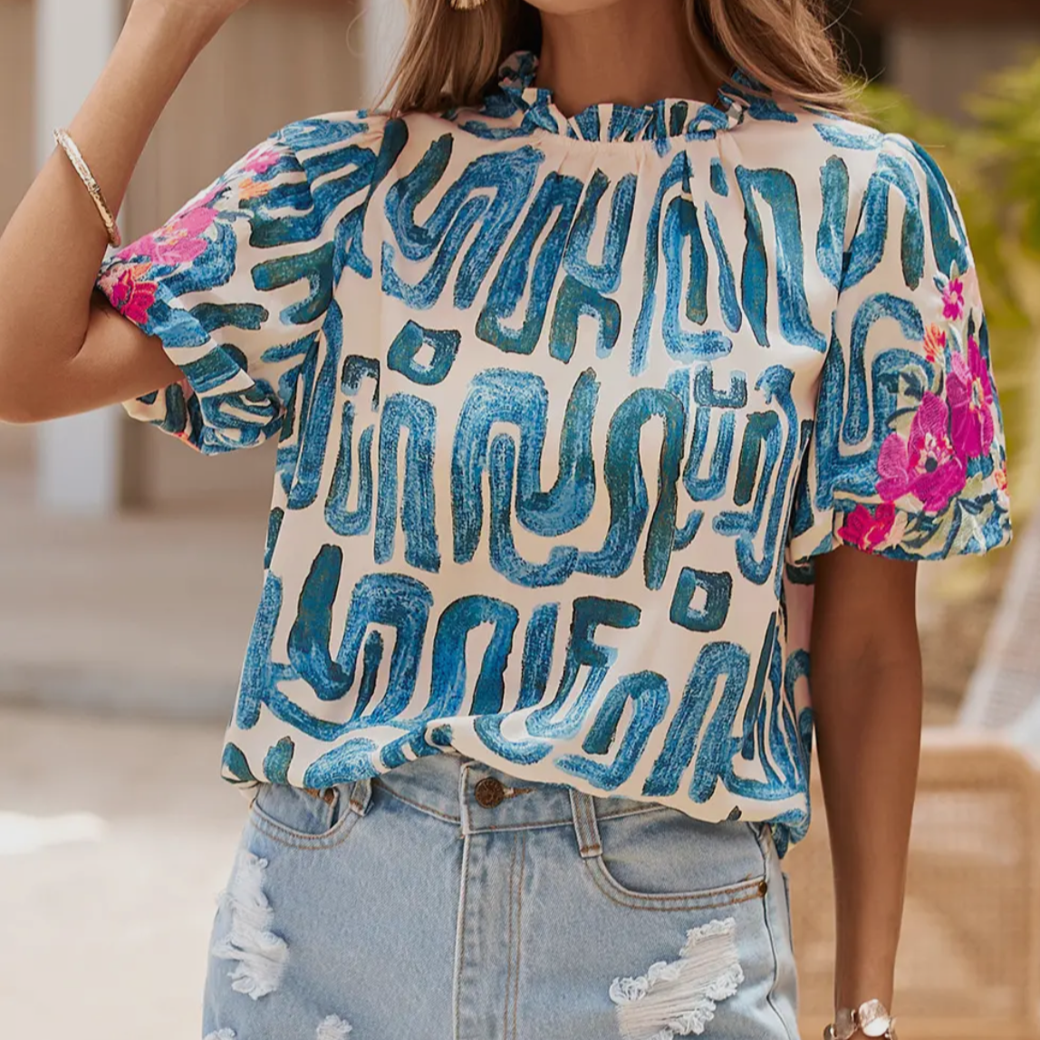 Embroidered Puff Sleeve Printed Top