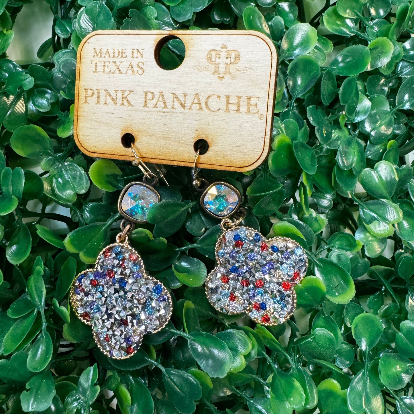 Red/White/Blue Crystal Clover Shaped Earrings