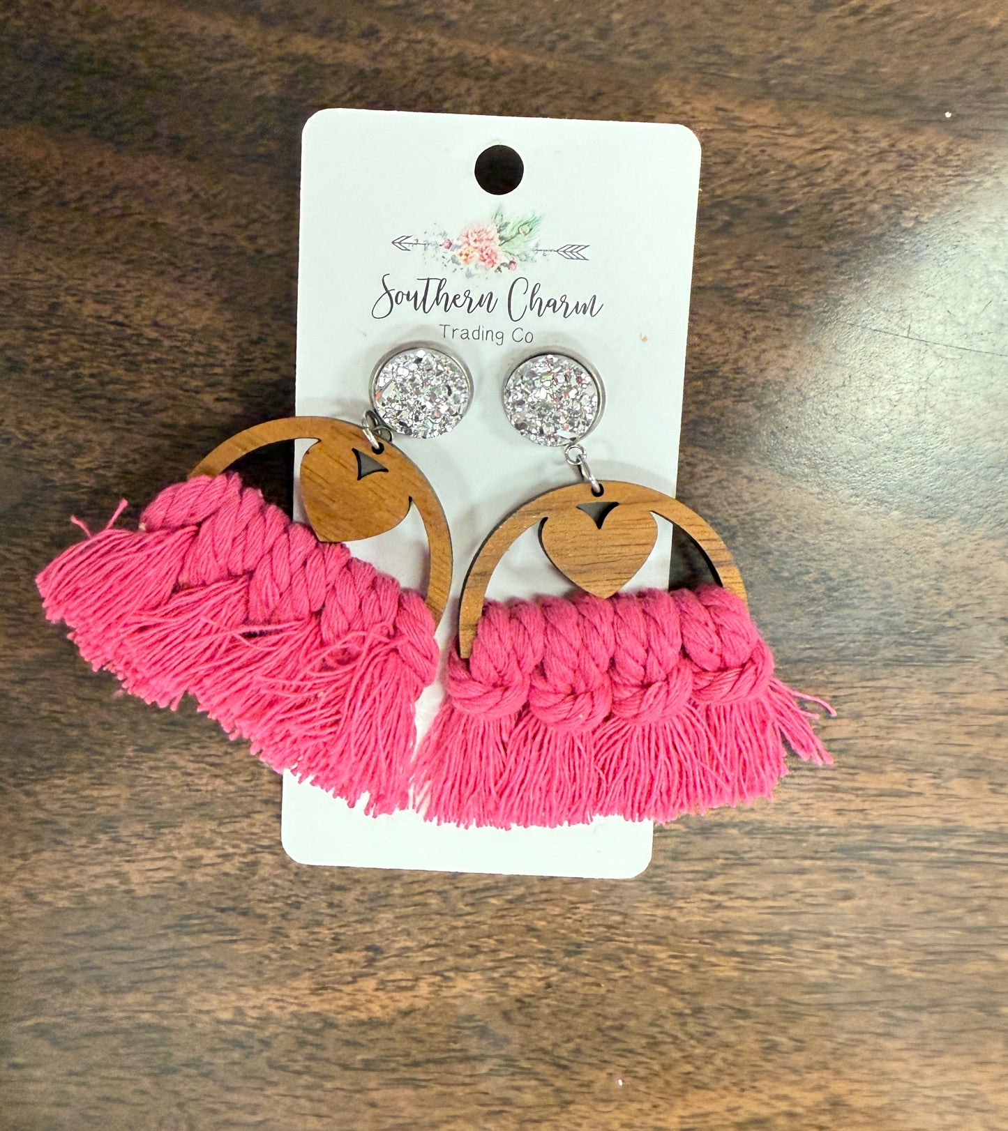 Jeweled Wood and Tassel Earrings