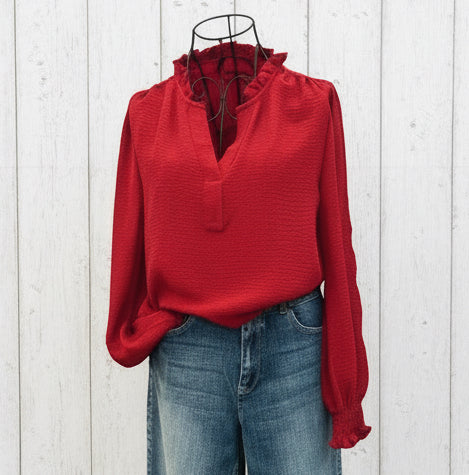 Red Ruffle V Neck Blouse