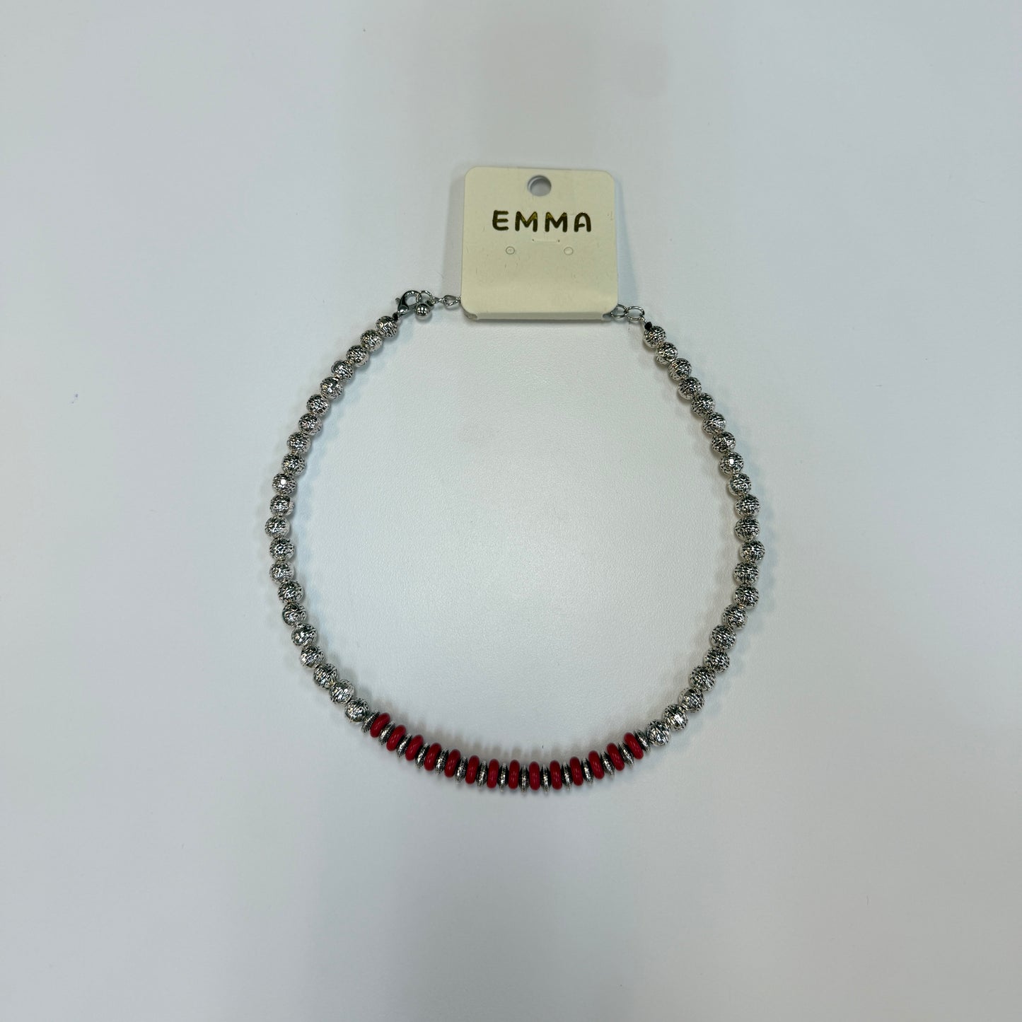 Flat Red/Round Silver Beaded Necklace