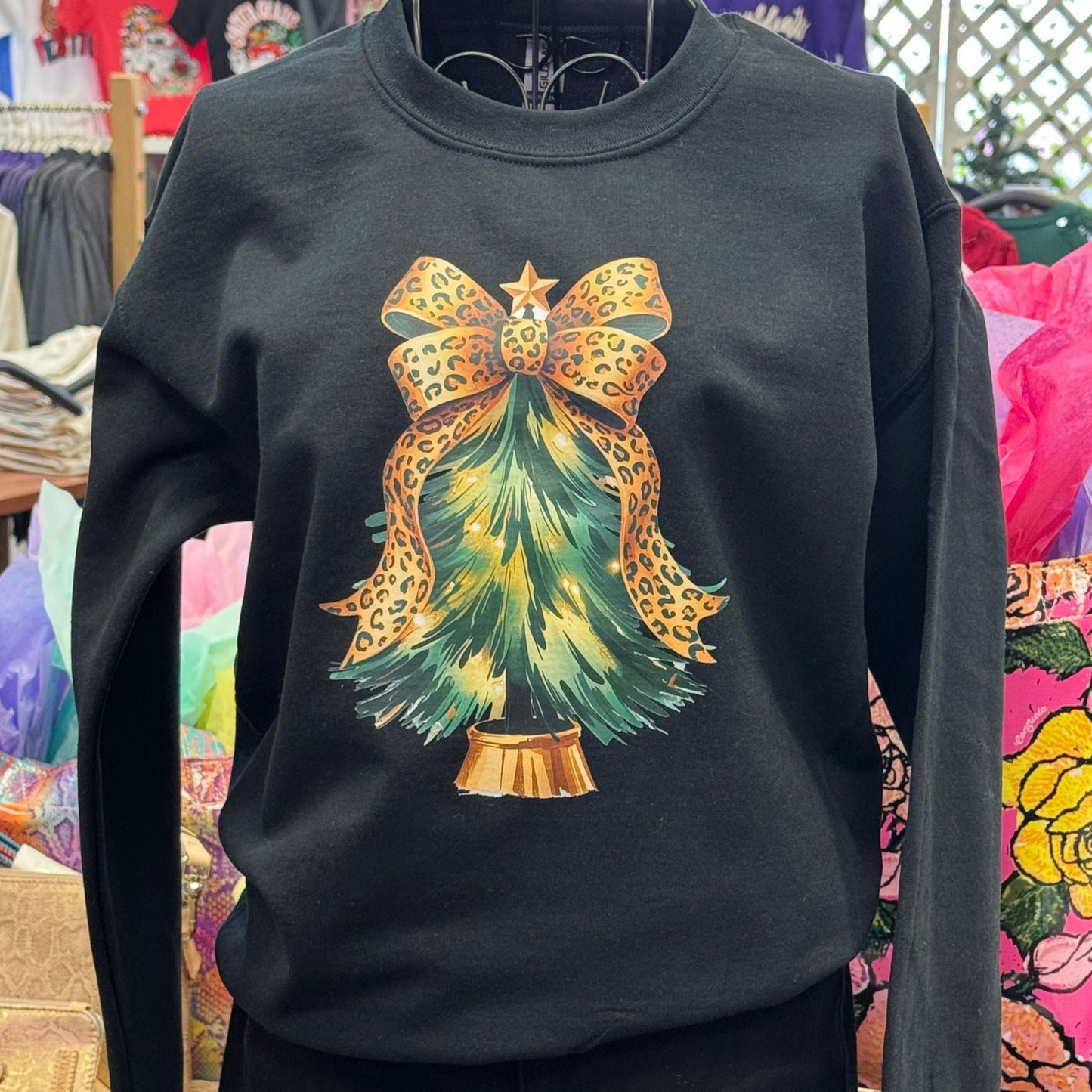 Christmas Tree with Leopard Ribbon Sweatshirt