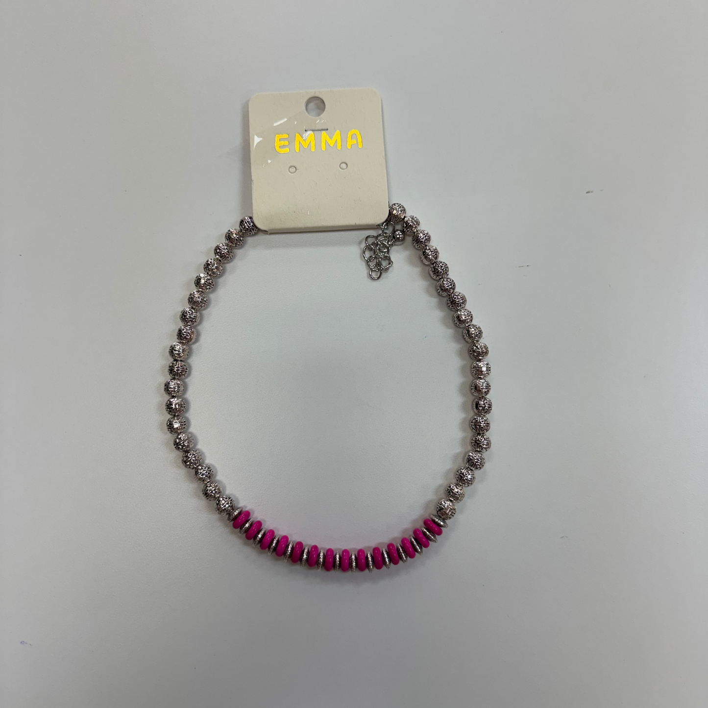 Flat Pink/Round Silver Beaded Necklace