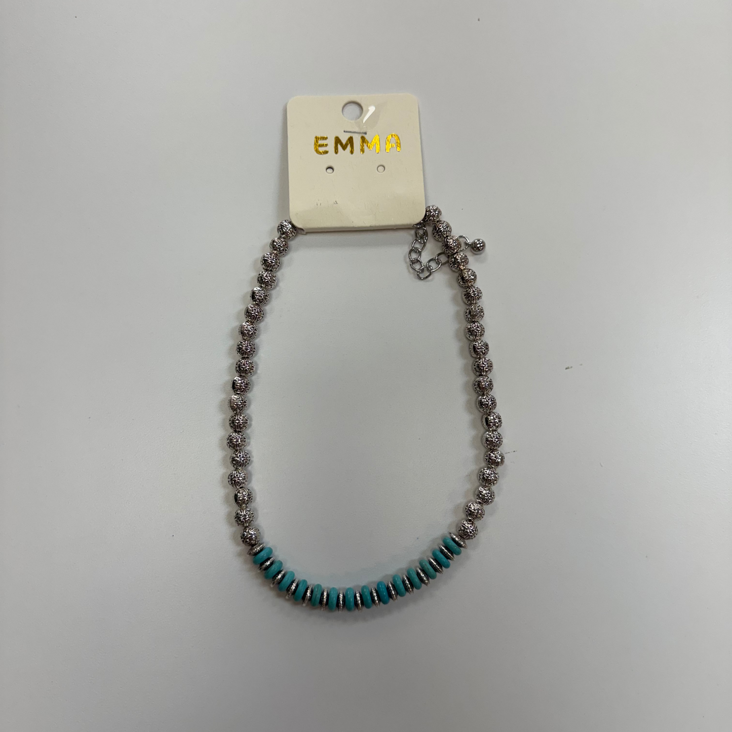 Flat Turquoise/Round Silver Beaded Necklace
