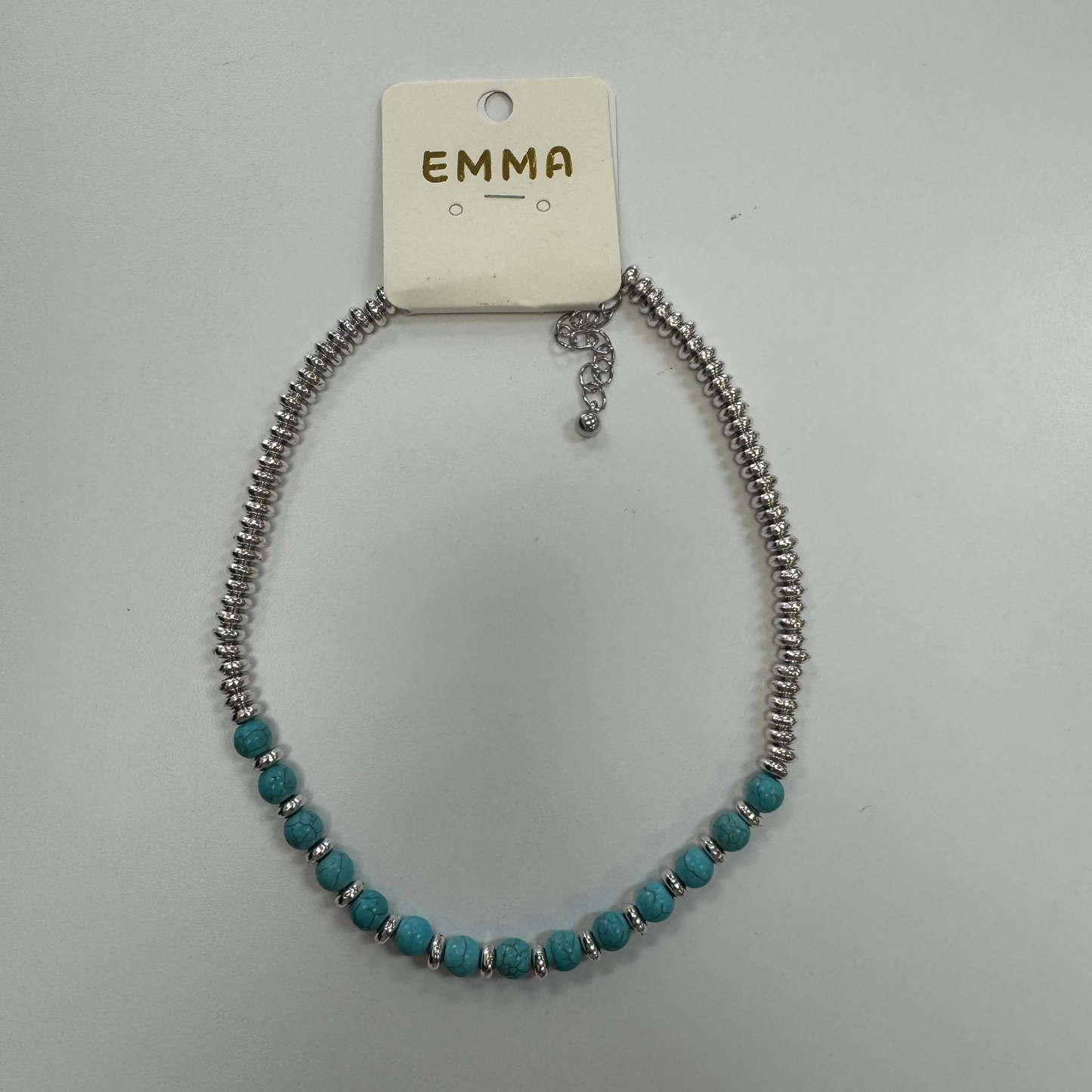 Flat Silver/Round Turquoise Beaded Necklace