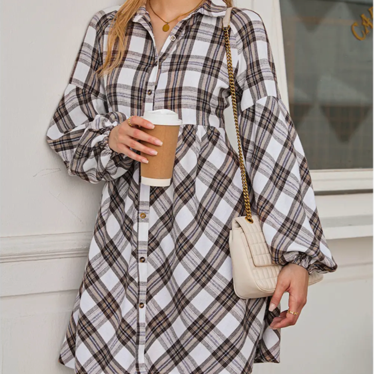 Plaid Bubble Sleeve Dress