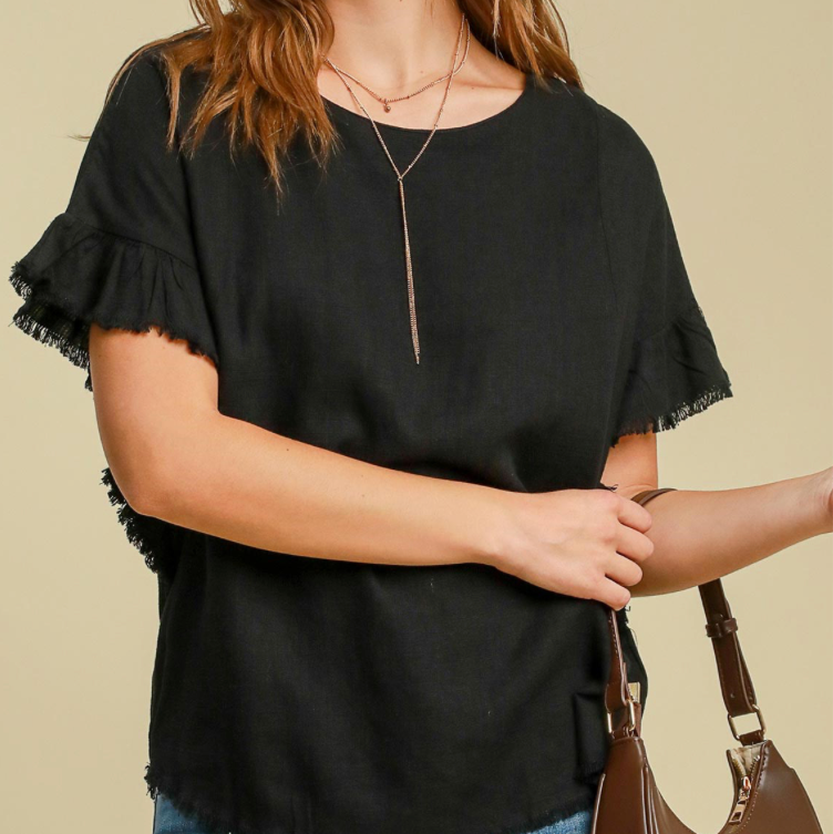 Black Frayed Sleeve Top