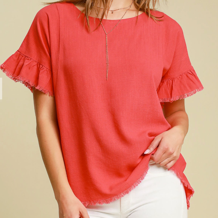 Coral Frayed Sleeve Top