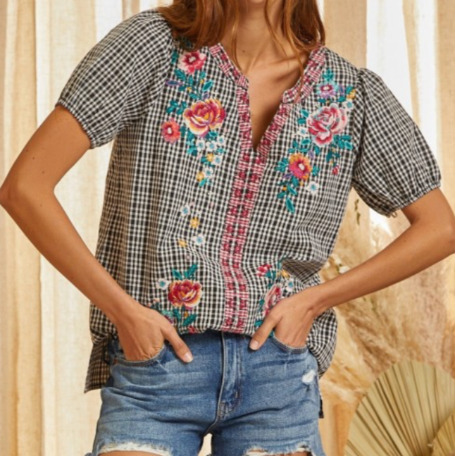 SJ Black Checkered Embroidered Top