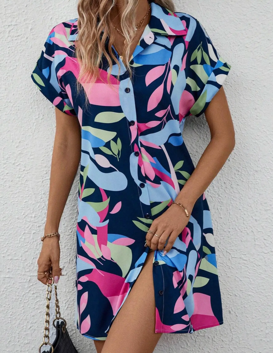 Colorful Floral Button Down Dress
