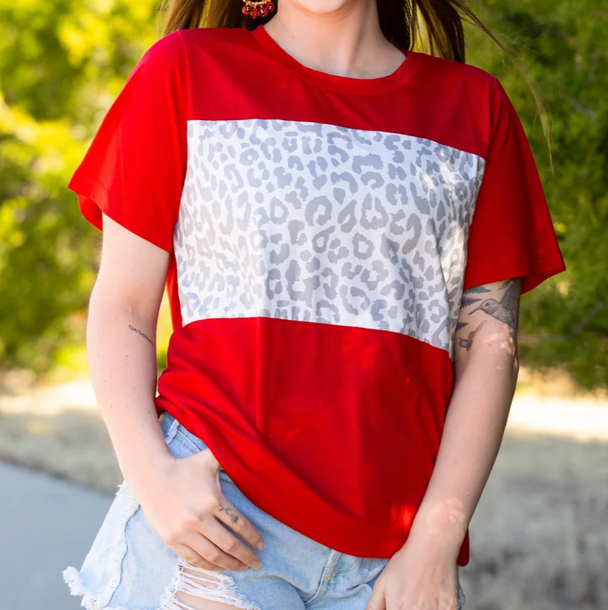 Red Top with Leopard Print Panel