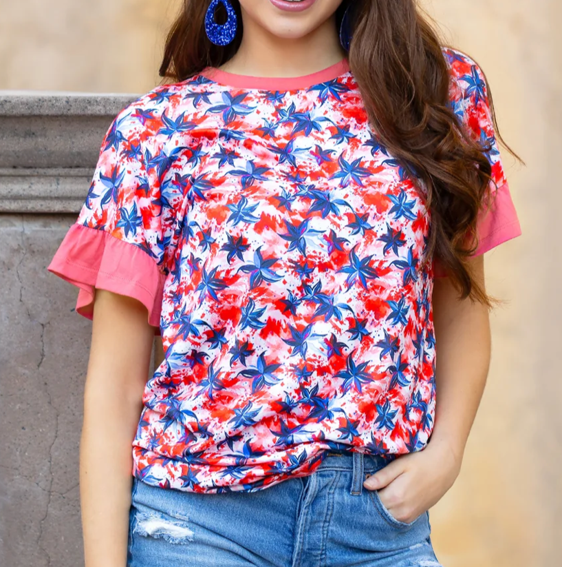 Blue & Red Floral Top