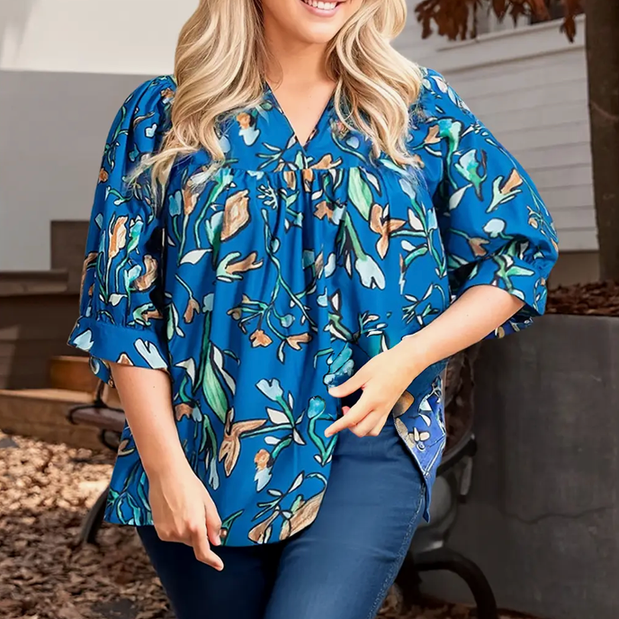 Blue Floral V-Neck Top