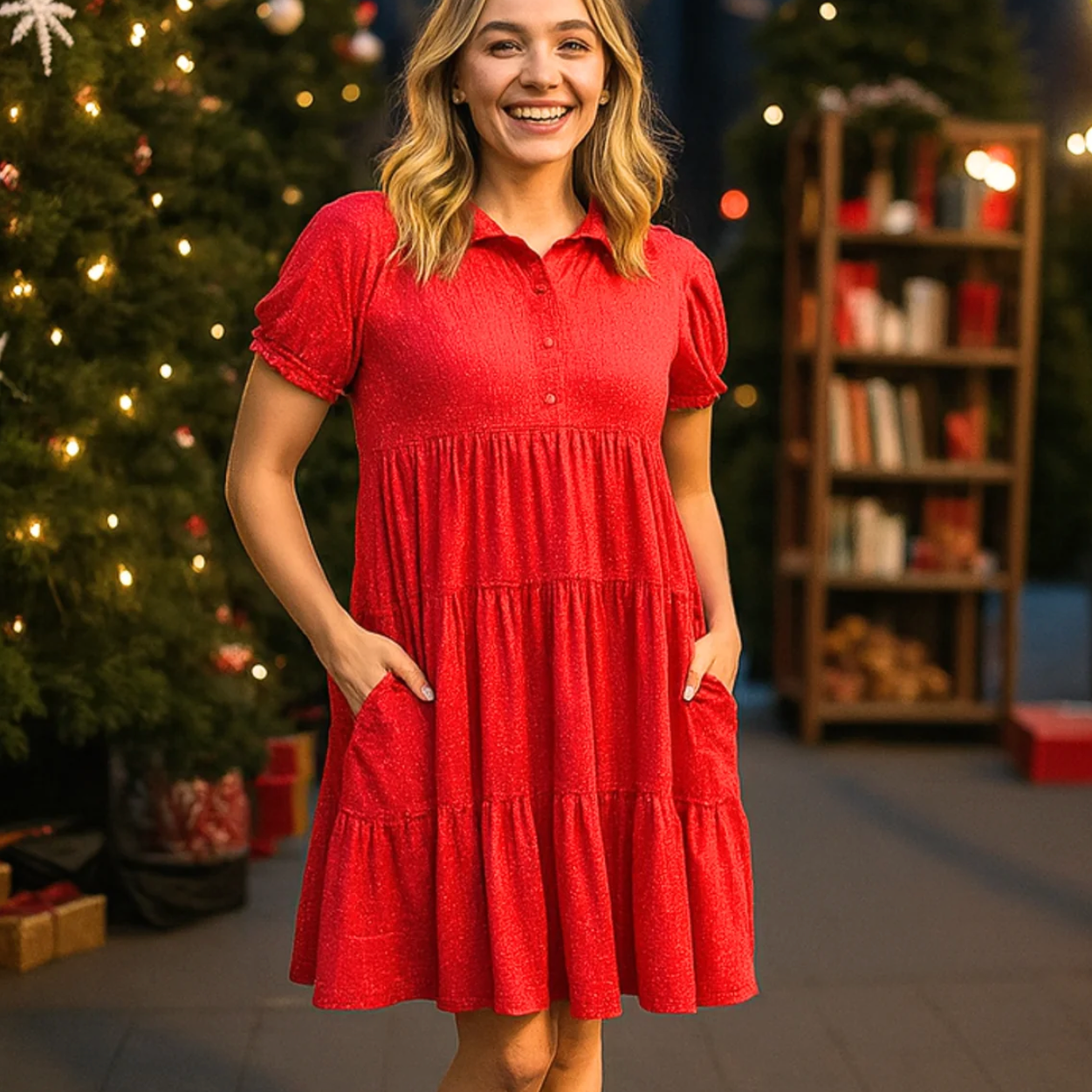 Shimmery Red Babydoll Dress