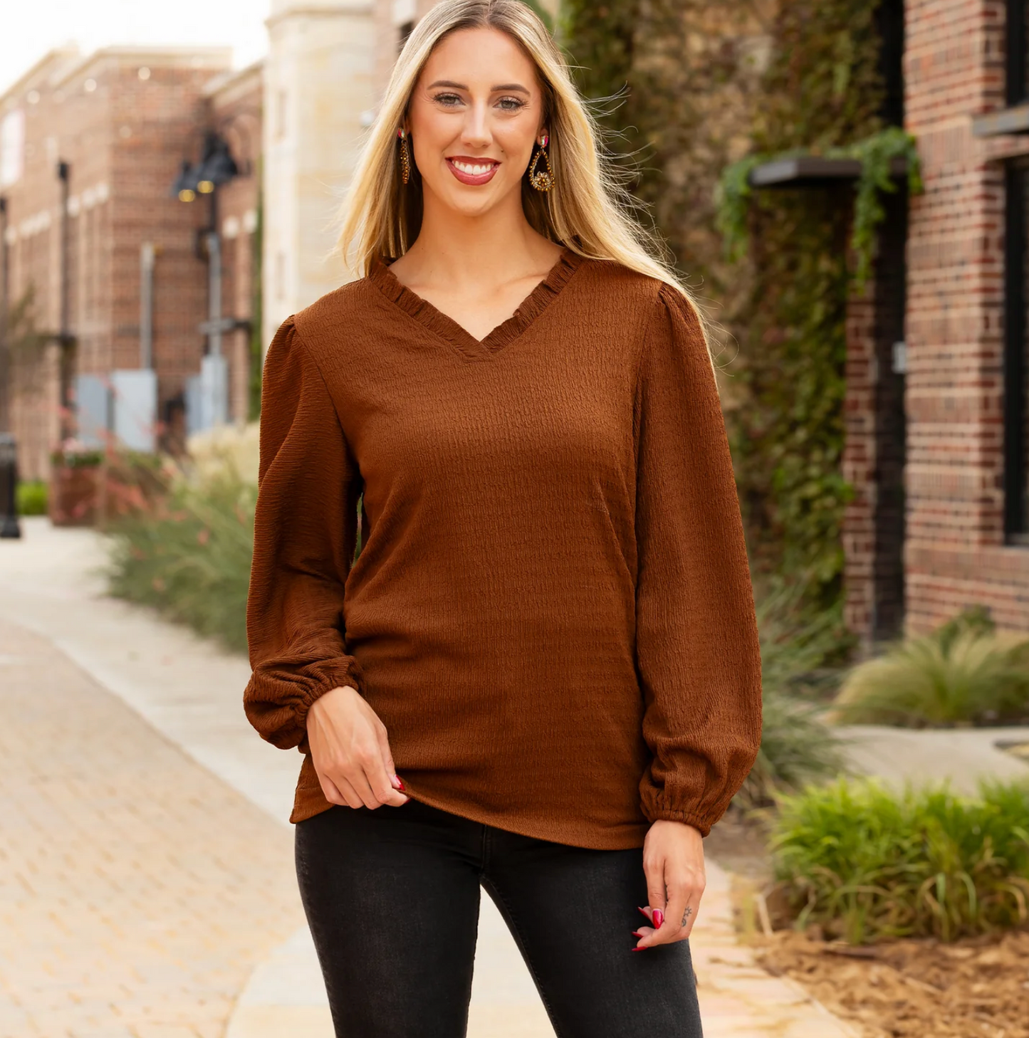 Brown Textured Long Sleeve Top