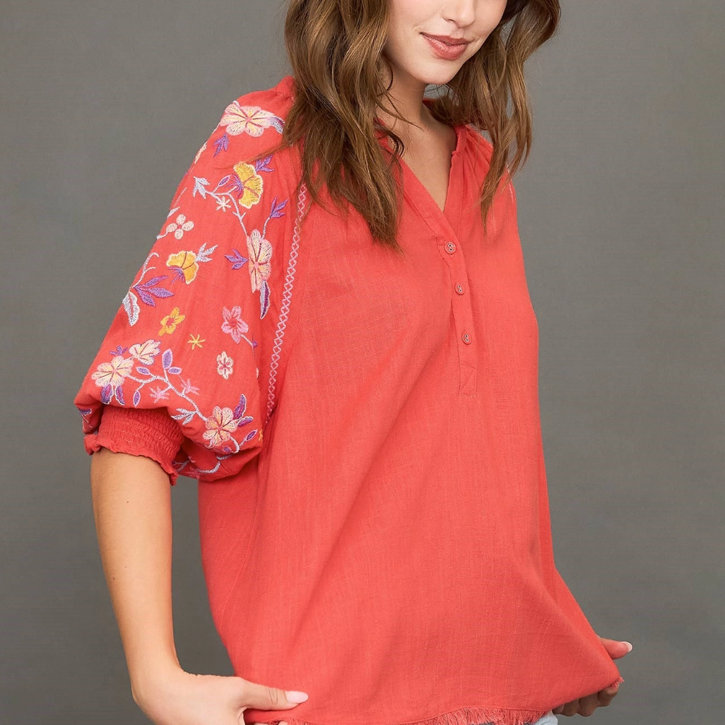 Coral Red Embroidered Top