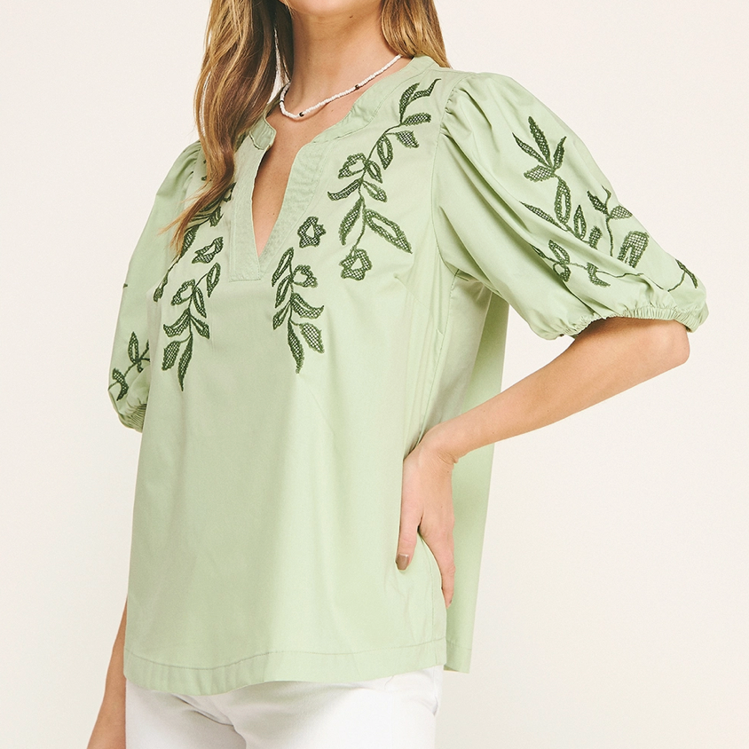 Green Embroidered Peasant Top