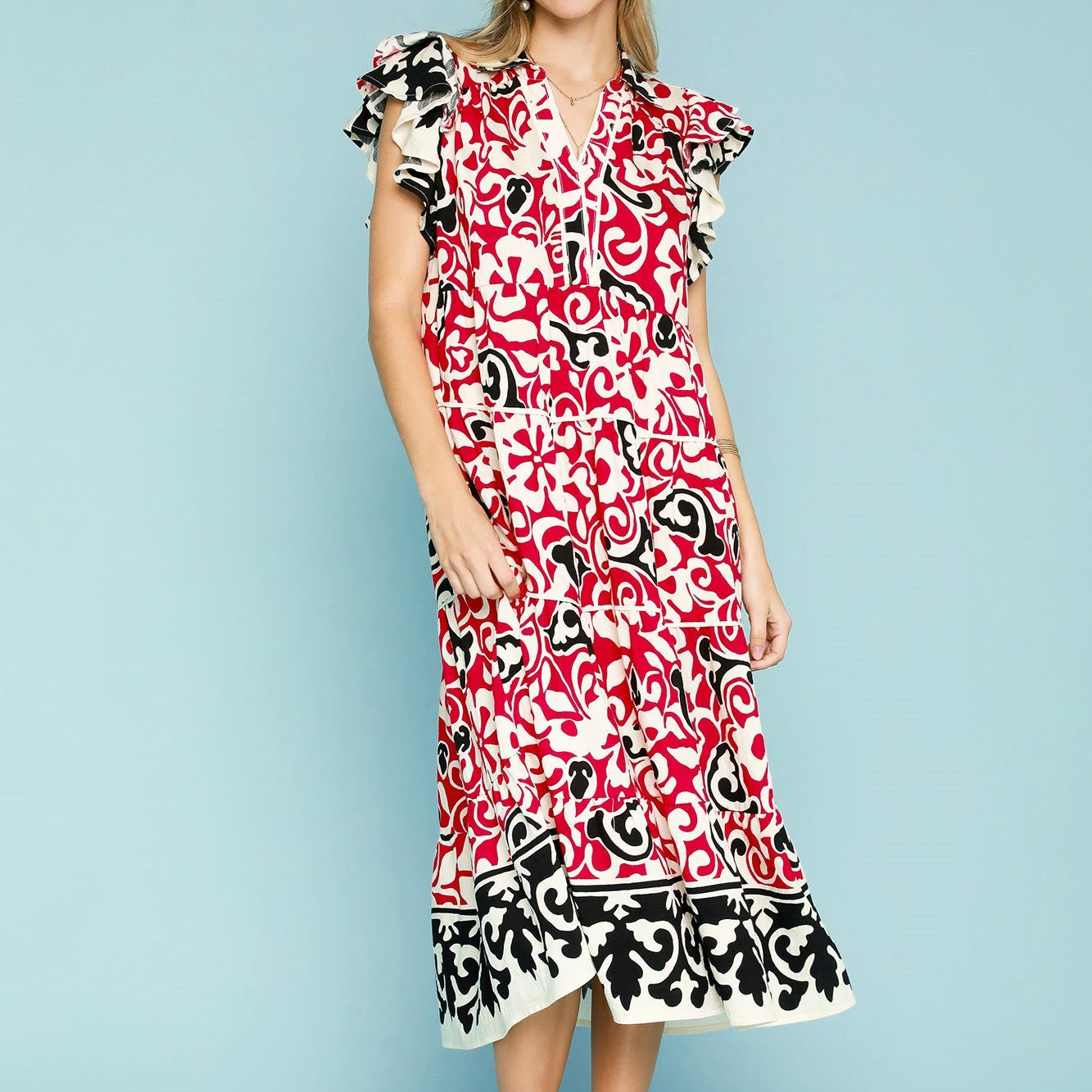 Red/Black Flutter Sleeve Dress