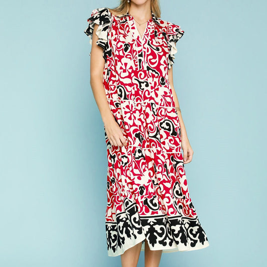 Red/Black Flutter Sleeve Dress