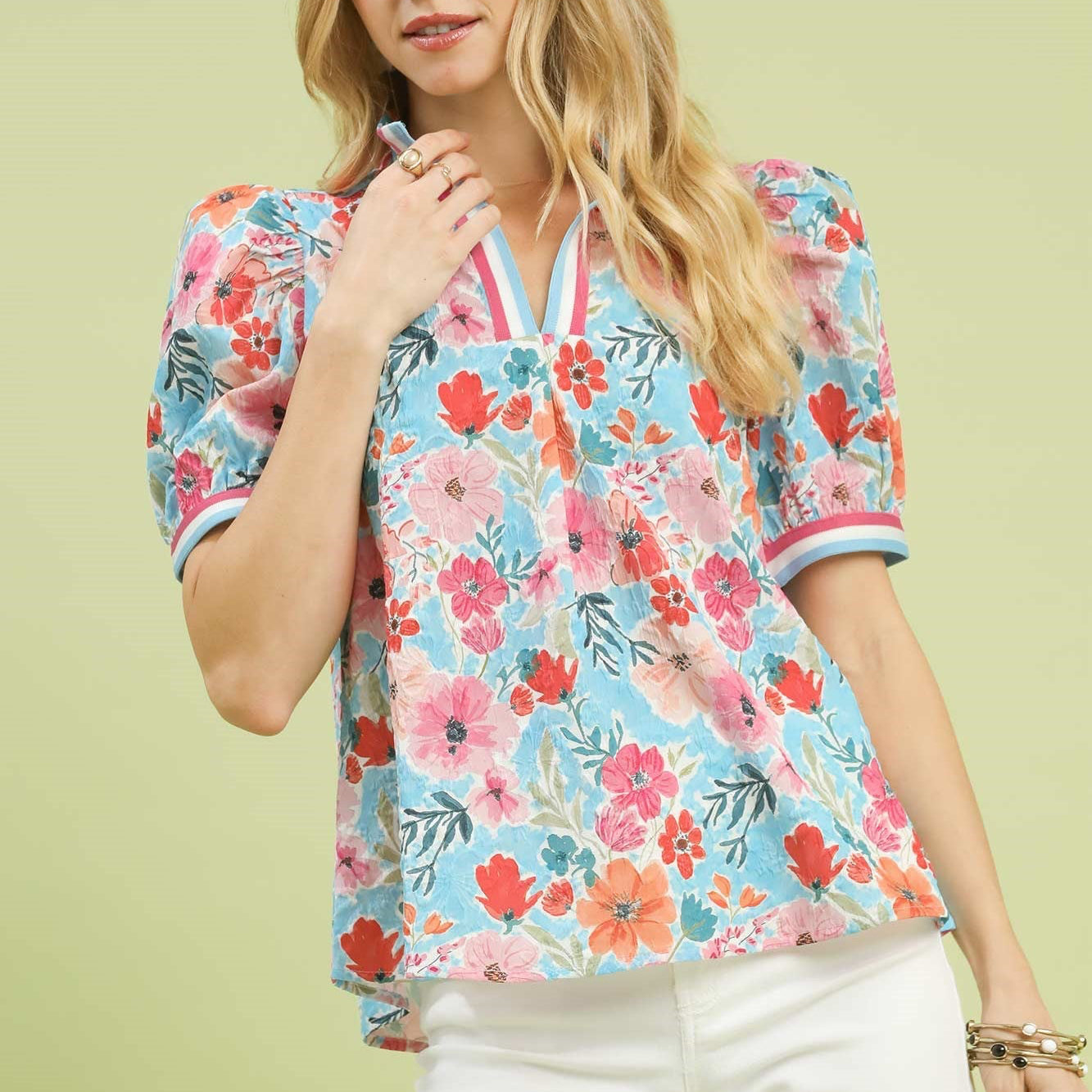 Pink/Blue Floral High Collar Top