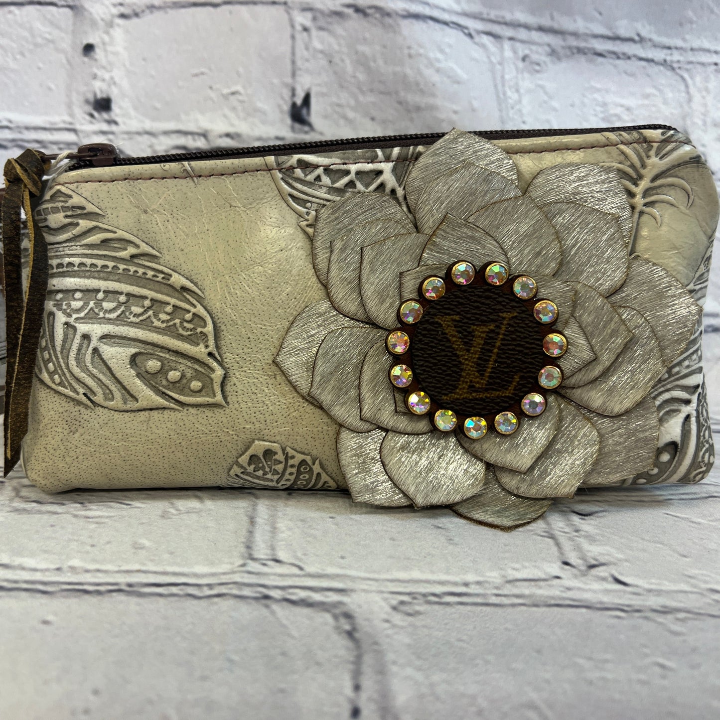 LV Inspired Embossed Feather Clutch