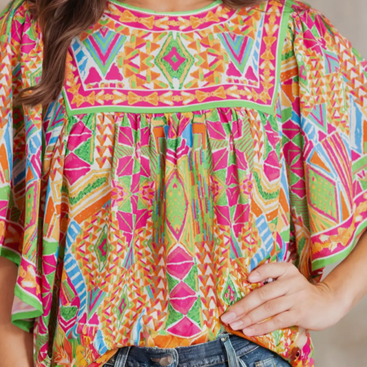 Geometric Print Bell Sleeve Babydoll Blouse