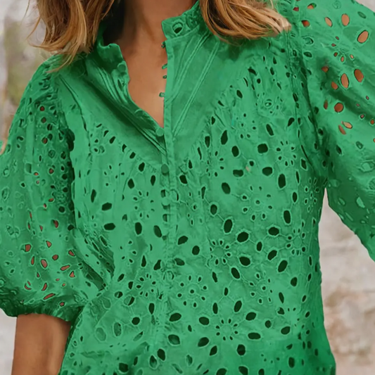 Green Eyelet Embroidered Puff Sleeve Blouse