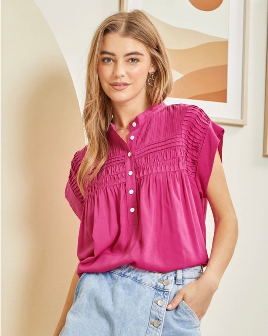 Andree Solid Pleat Top-Hot Pink