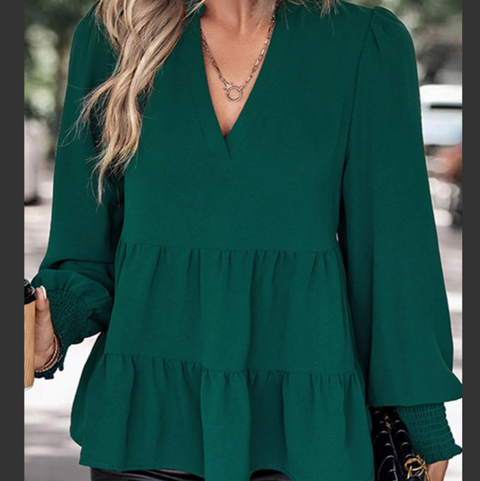 Green V Neck Splicing Top