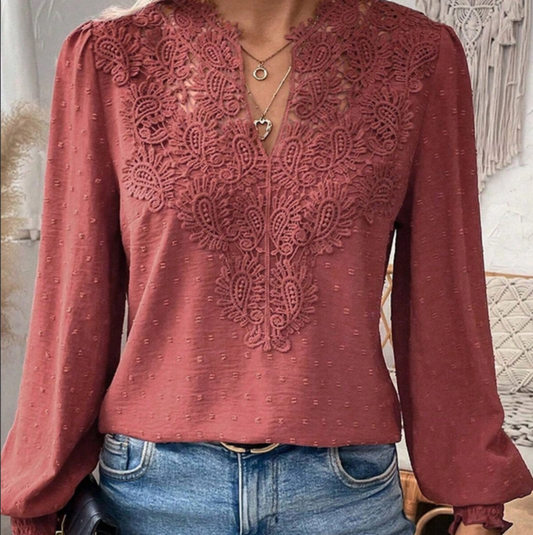 Lace Jacquard Swiss Dot Long Sleeve Top