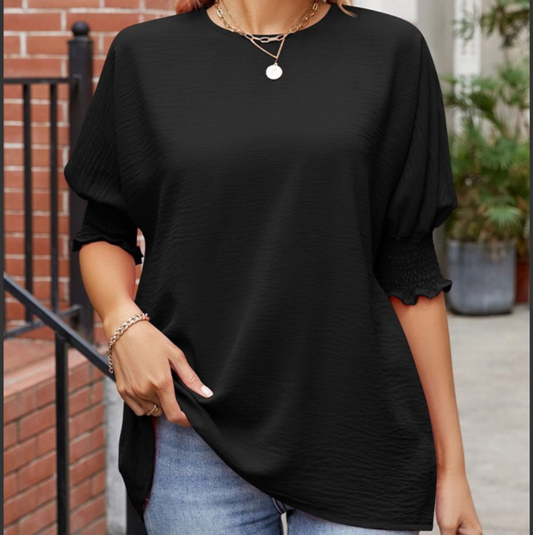 Black Half Sleeve Smocked Cuff Top