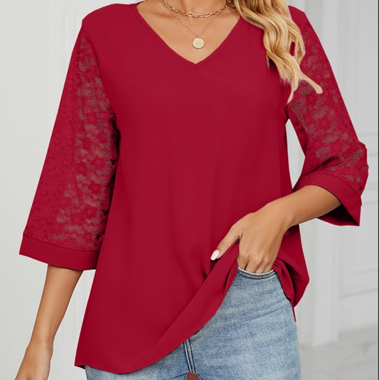 Red V Neck Lace Sleeves Top