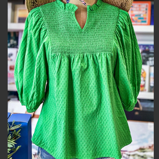 Green Textured Puffy Sleeve Top