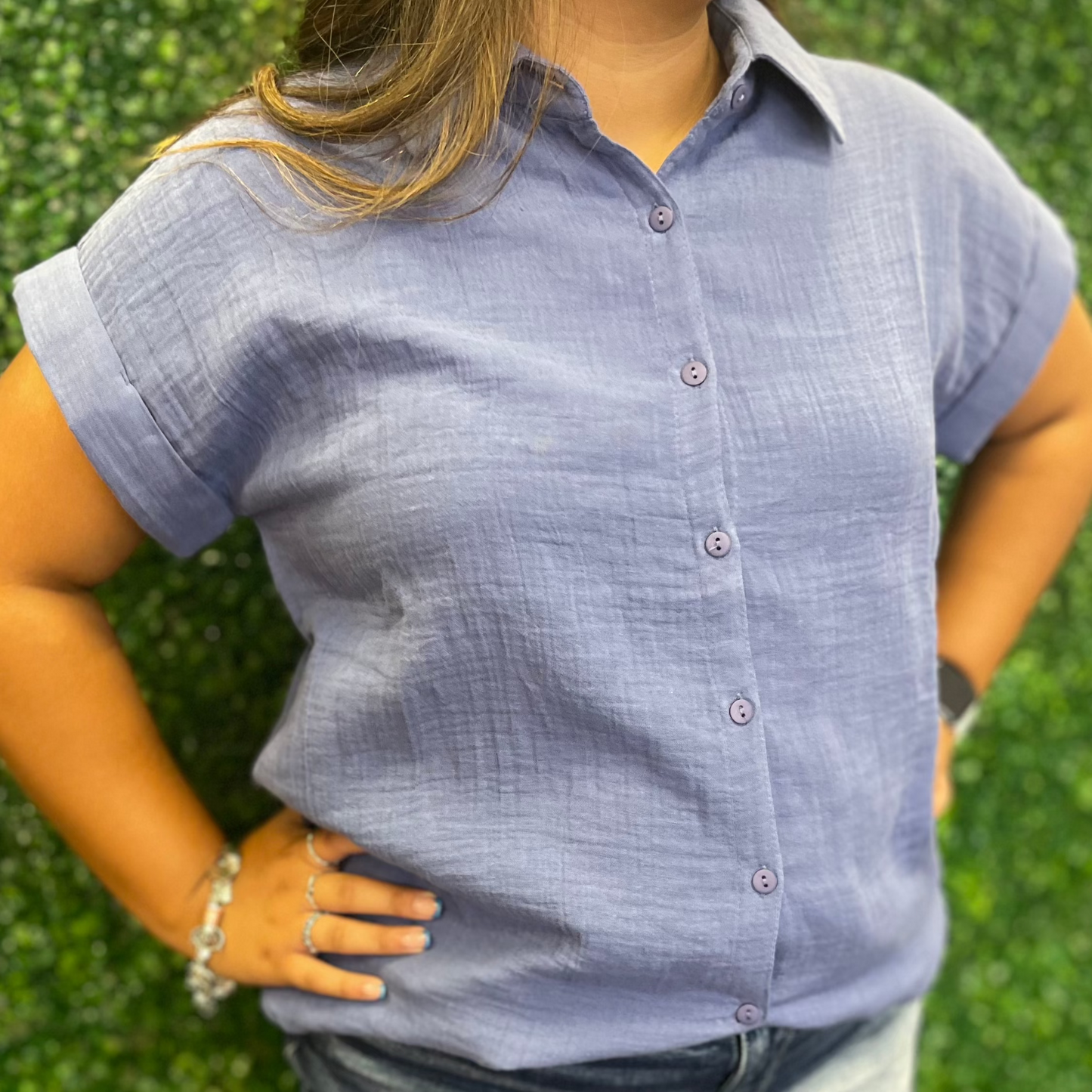 Periwinkle Button Down SS Blouse