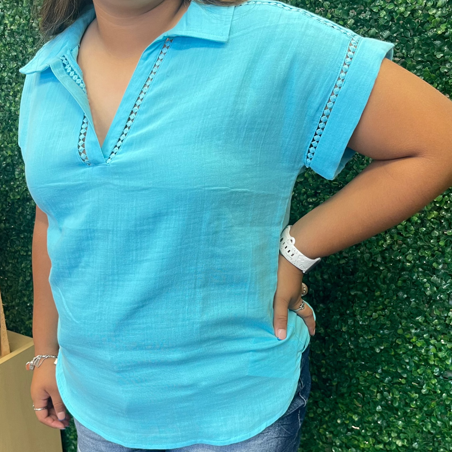 Turquoise Top with Cutout Design