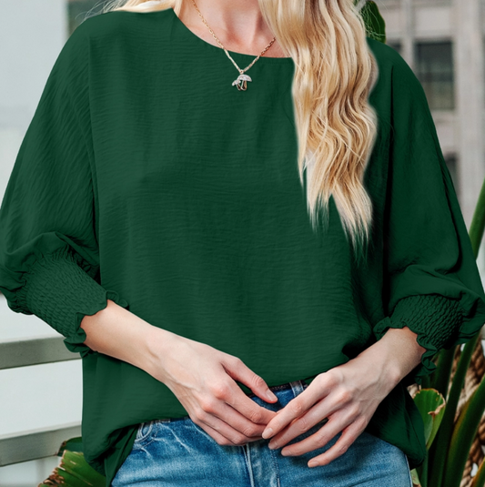 Dark Green Smocked Sleeve Top