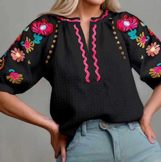 Floral Embroidered Black Top