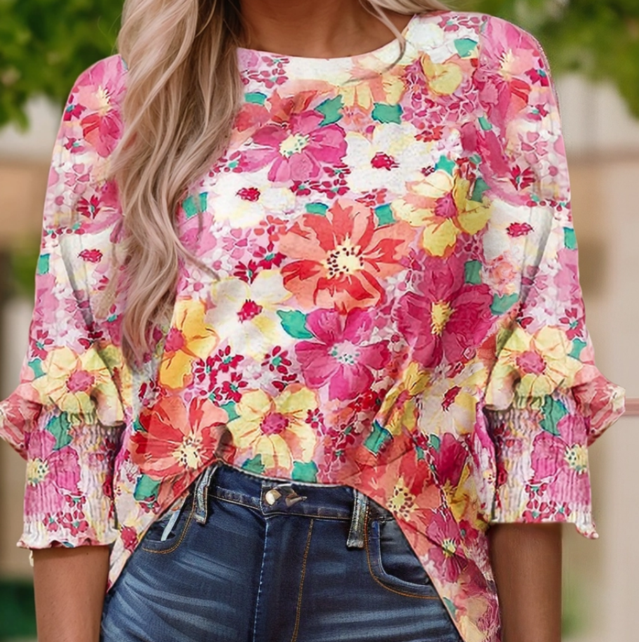 Floral Crewneck 3/4 Shirred Top