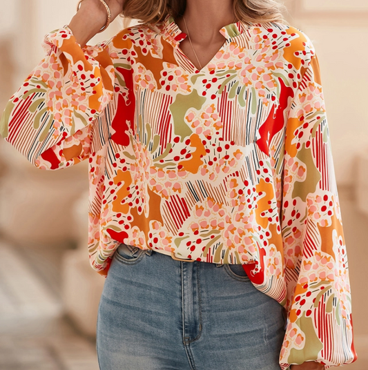 Orange V Neck Puff Sleeve Blouse