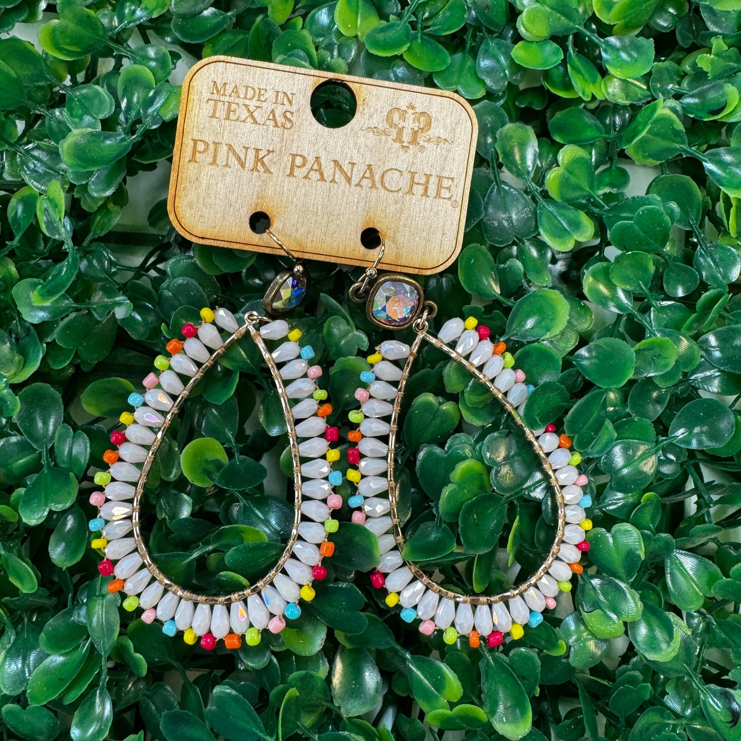 White w/Colorful Beads Teardrop Earrings