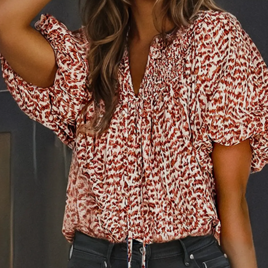 Brown Printed Tie Split Puff Sleeve Blouse