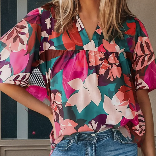 Rose Floral Print V-Neck Lantern Sleeve Blouse