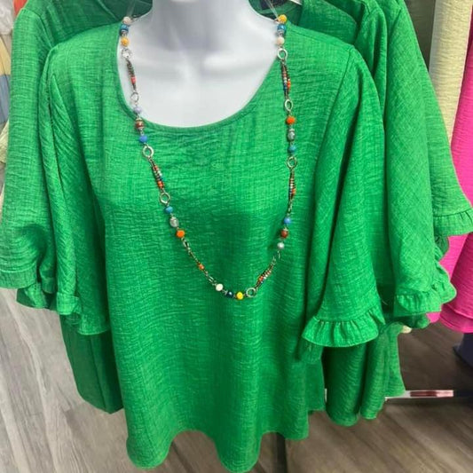 Emerald Green Ruffle Sleeve Linen Blouse