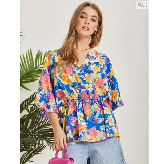 Blue Floral Kimono Style Top