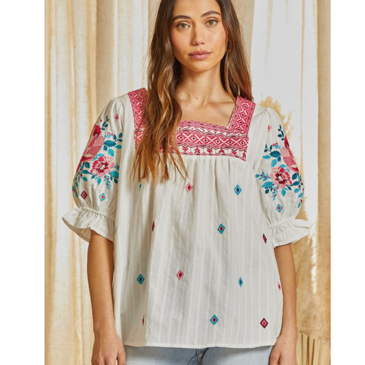 Ivory Aztec Embroidered Blouse Plus