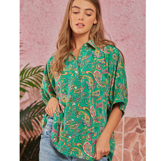 Emerald Paisley Button Down Top