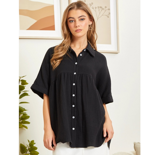 Black Button Down Babydoll Blouse