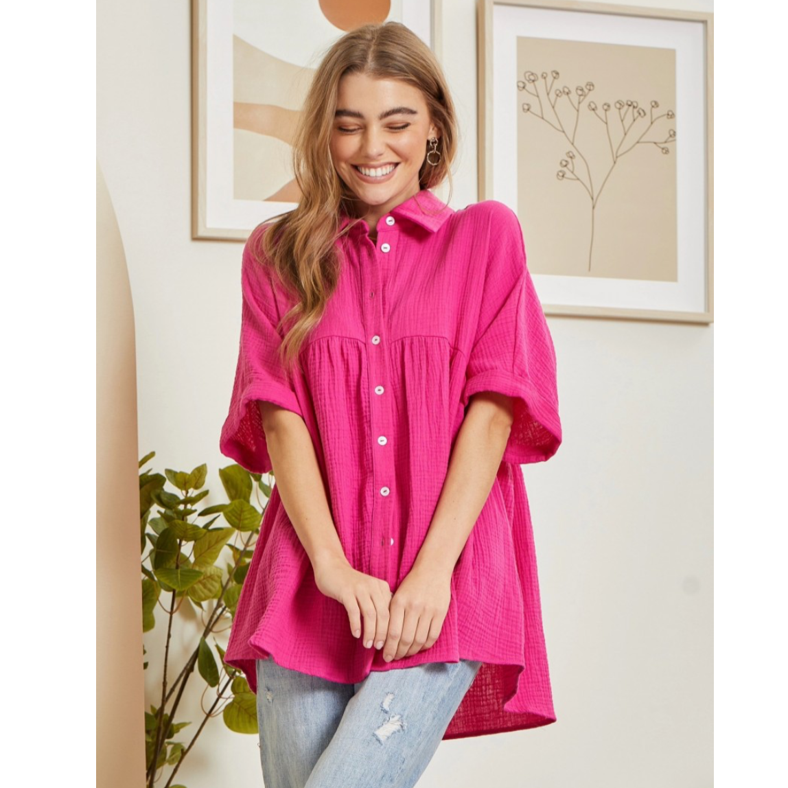 Hot Pink Button Down Babydoll Blouse