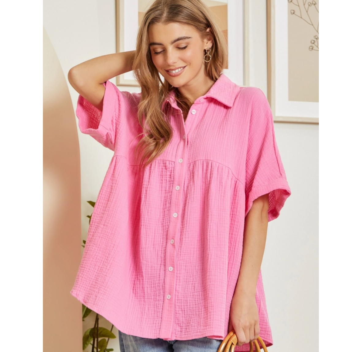 Pink Cosmos Button Down Babydoll Blouse