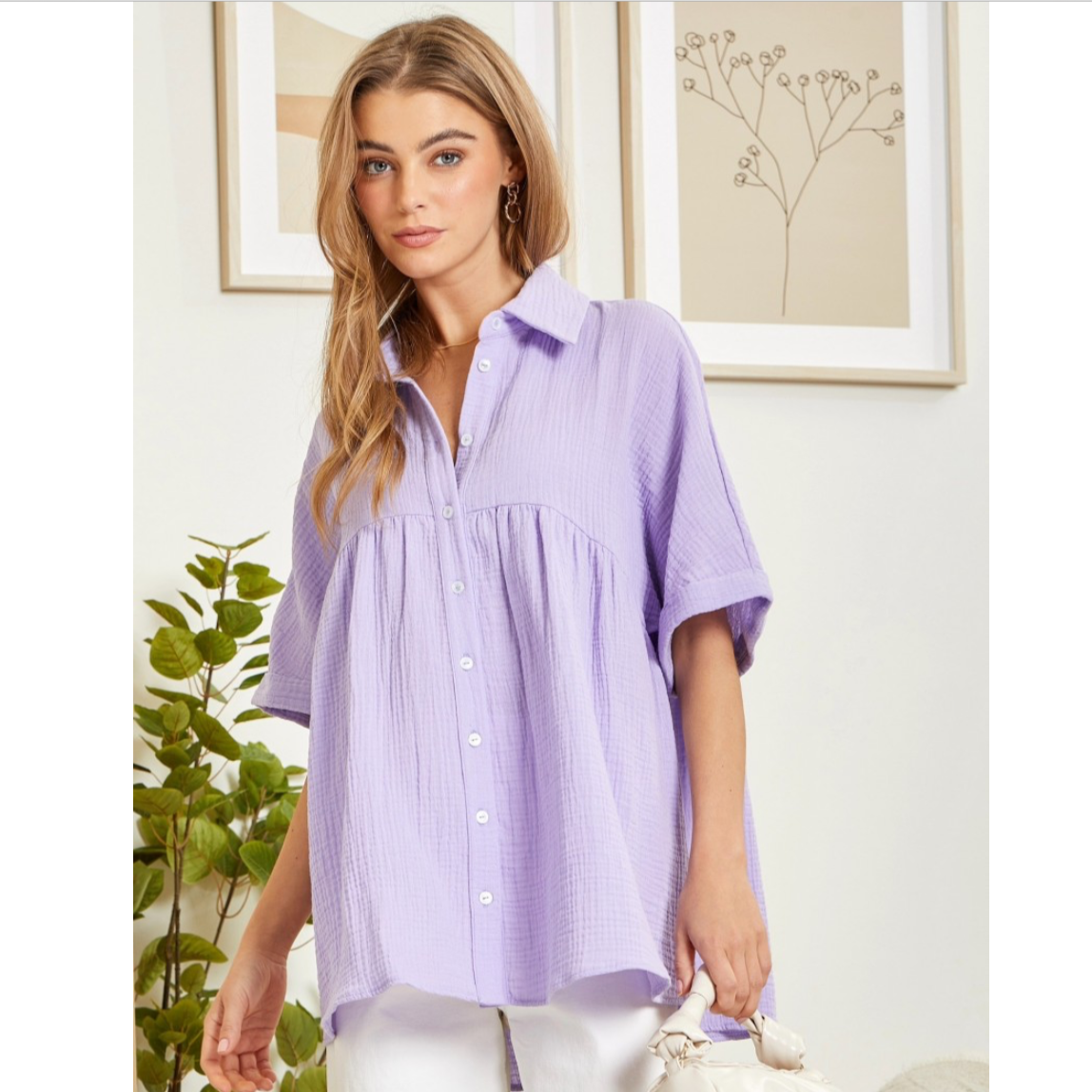 Lavender Button Down Babydoll Blouse